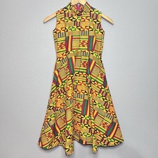Kids Custom Handmade African Kente Print Sleeveless High Neck Yellow Dress