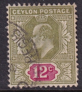 CEYLON 1903 Edward 7th 12c Olive & Carmine used wmk CA