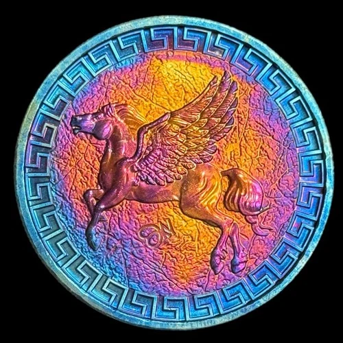 1 Oz Silver Coin .999 2022 Pegasus Round Monster Rainbow Toning Uncirculated