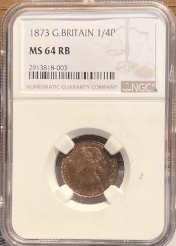 1873 Great Britain Farthing 1/4D NGC MS 64 RB