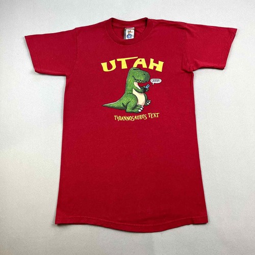 Vintage Dinosaur T-Shirt Youth Large Red T-Rex Cartoon Text Monument Utah y2k