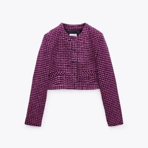 NWT!! ZARA Textured Tweed Cropped Blazer Jacket Purple Plaid Dark Academia Small - Picture 19 of 20