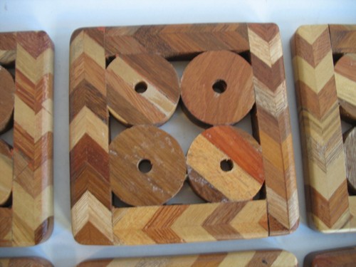 S/6 4" square wooden wood variety coasters Hot trivet geometric Barware - Picture 3 of 9