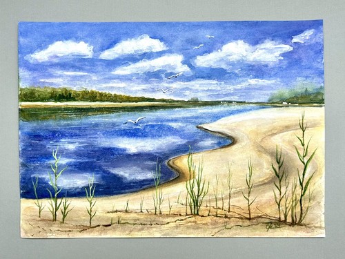 Original Aquarell 12’’x16’’ Fluss Schilf das Flussufer Wolkenreflexion A3 - Bild 3 von 6