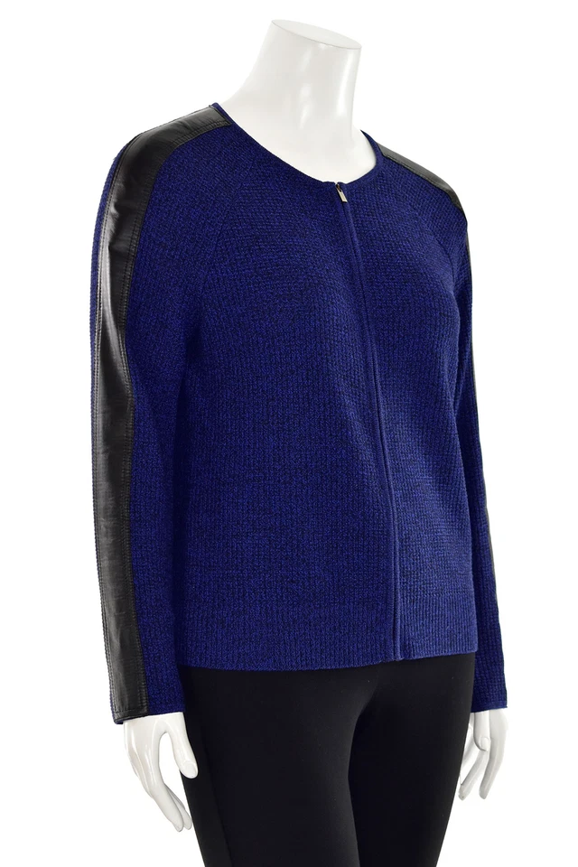 Suéter Cárdigan St. John Knits Informal Cuero/Lana Cremallera en Azul/Negro talla L Foto 4 de 4