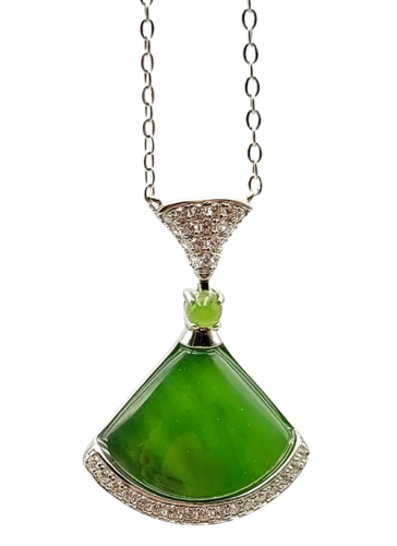 15mm Sterling Silver Fan Pendant with Genuine Nephrite Jade & CZ Accents - 第 1/3 張圖片