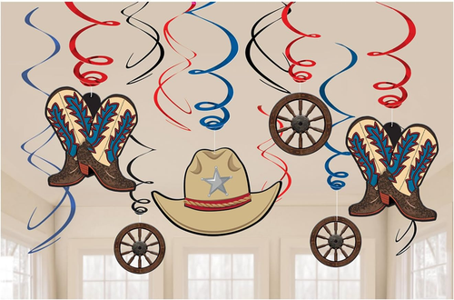 Western Party Hanging Swirl Decorations - 5" & 7" (Pack of 12) - Red & Blue Swir