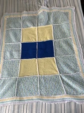Crocheted Handmade Green Blue White Yellow Unisex Baby Afghan Blanket 41x41"