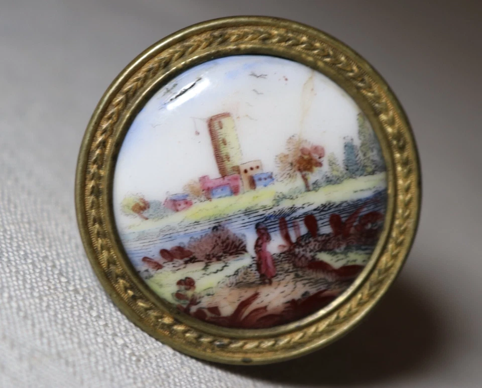 Barra de amarre cortina latón dorado porcelana pintada inglesa antigua del siglo XVIII. Foto 4 de 4