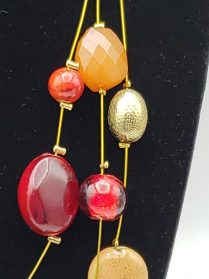 Three Wire Strand Necklace Beaded Gold Deep Red Amber Metal Stone Ceramic Bead - Image 4 of 4