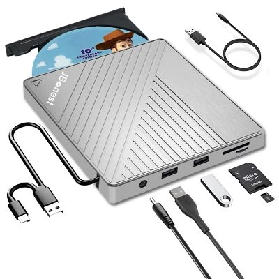 JBONEST Externes CD DVD Laufwerk USB 3.0 Typ-C, mit SD/TF-Kartenleser Portable Brenner,