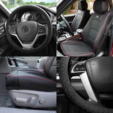 Black Red Leatherette Seat Cushion Bucket Covers W Black Steering Cover Black Red Leatherette Seat Cushion Bucket Covers W Black Steering Cover