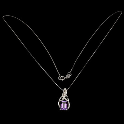925 Sterling Silver Octagon Amethyst 7x5mm Simulated Cz Necklace