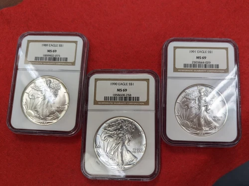 1989-1990-1991 American Silver Eagle MS 69 GRADED BY NGC.
