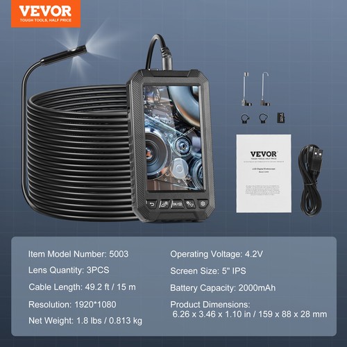 VEVOR Caméra Endoscopique Endoscope Triple Objectif Écran IPS 5" avec Câble 15 m - Imagen 7 de 12