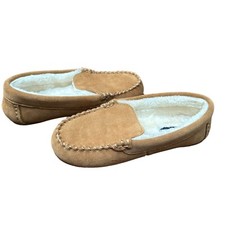 Lands' End Slippers Tan Suede Moccasin With Faux Shearling Lining Women's Size 5
