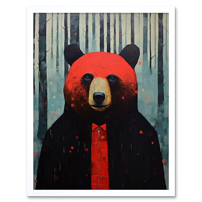 Hipster Red Bear Artwork Black Blue Artwork Forest Trees Framed Art Print 9X7''