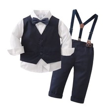 Baby Boys Long Sleeve Dress Shirt with Bowtie  Navy Blue Suspender Pants  V...
