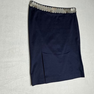 Tory Burch Navy Blue Pencil Skirt Sequined Embellished Waist Slit Size 6
