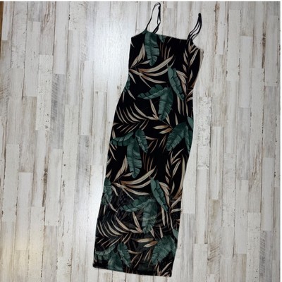 NWT Feral Apparel Black Tropical Leaf Print Sheer Maxi Dress Size Small