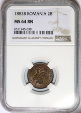 P372, Romania, Carol I, 2 Bani 1882 B, Bucharest Mint, NGC MS64BN, Rare!