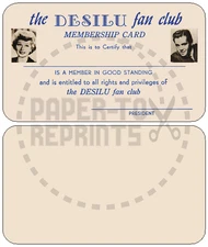 THE DESILU FAN CLUB MEMBERSHIP CARD - VINTAGE REPRINT