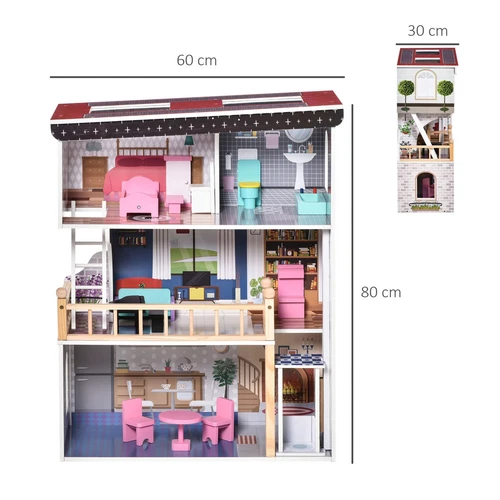 HOMCOM Casa delle Bambole in Legno a 3 Piani con Ascensore e 13 Accessori Rosa - Foto 4 di 10