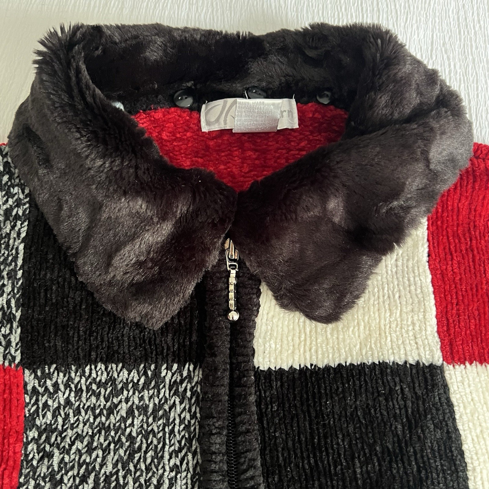 Vtg Chenille Patchwork Full Zip Jacket Sweater Sz… - image 7