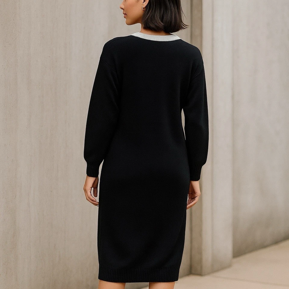 Vestido Suéter Negro Años 80 De Colección Cuello Triángulo Tejido Geométrico Retro Dolman Túnica Foto 4 de 4