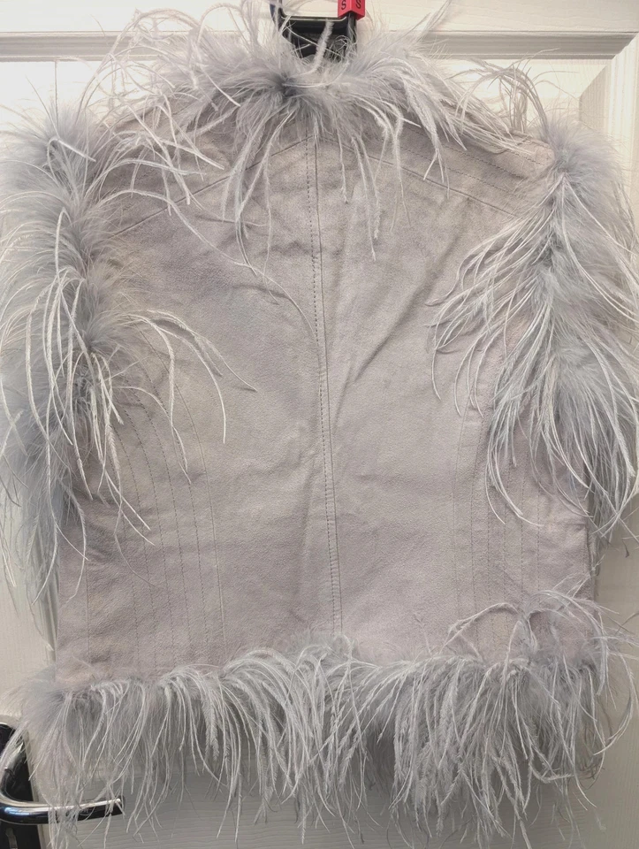 BNWT Biba Silver Marabou Feather Grey Suede Festival Fitted Waistcoat Gilet Sz S - Image 3 of 4