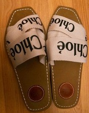 Chloe Woody Sandals Cream & Black Off White UK Logo Print Slip On VGC SAS SEE 