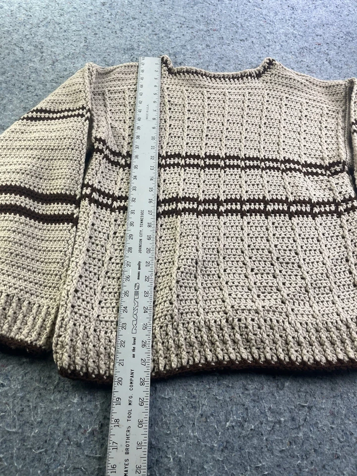 Suéter Vintage Hecho a Mano Crochet Beige Marrón Rayas Mezcla Acrílico Para Hombre’s Grande Foto 3 de 4