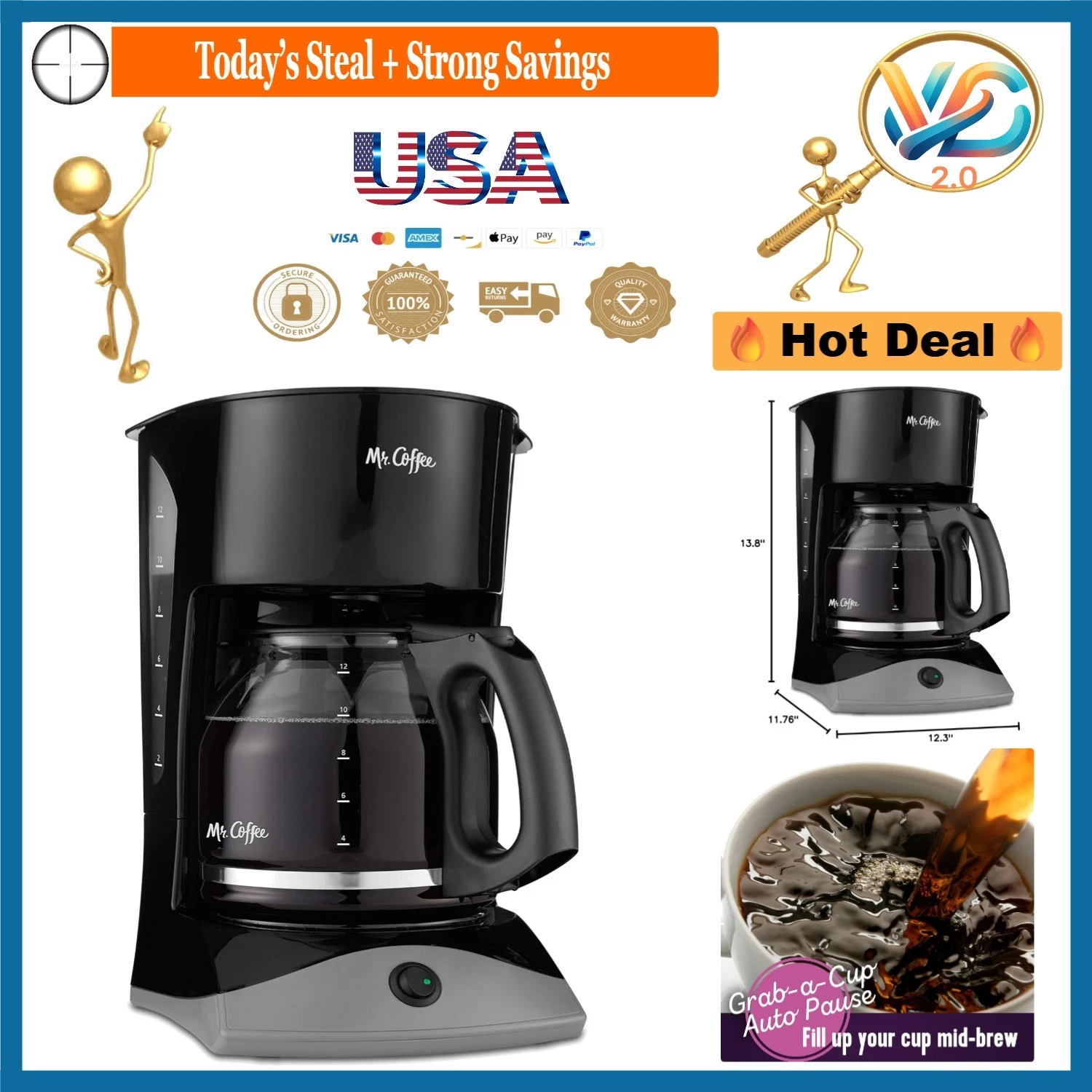 Black 12-Cup Coffee Maker Auto Pause Glass Carafe Manual Filter
