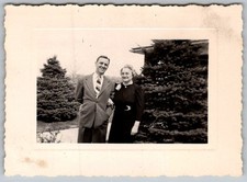 Vtg B&W Snapshot Smiling Couple Outdoor Suits & Dress 1948
