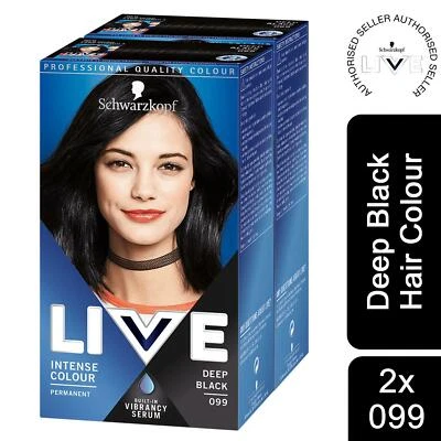 2x Schwarzkopf Live Intense Colour Permanent Hair Dye, 099 Deep Black with Serum