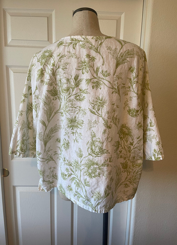 Hot Cotton Woman Plus White Green Floral Print Linen Cotton 3/4 Sleeve Top - 1X - Picture 4 of 7