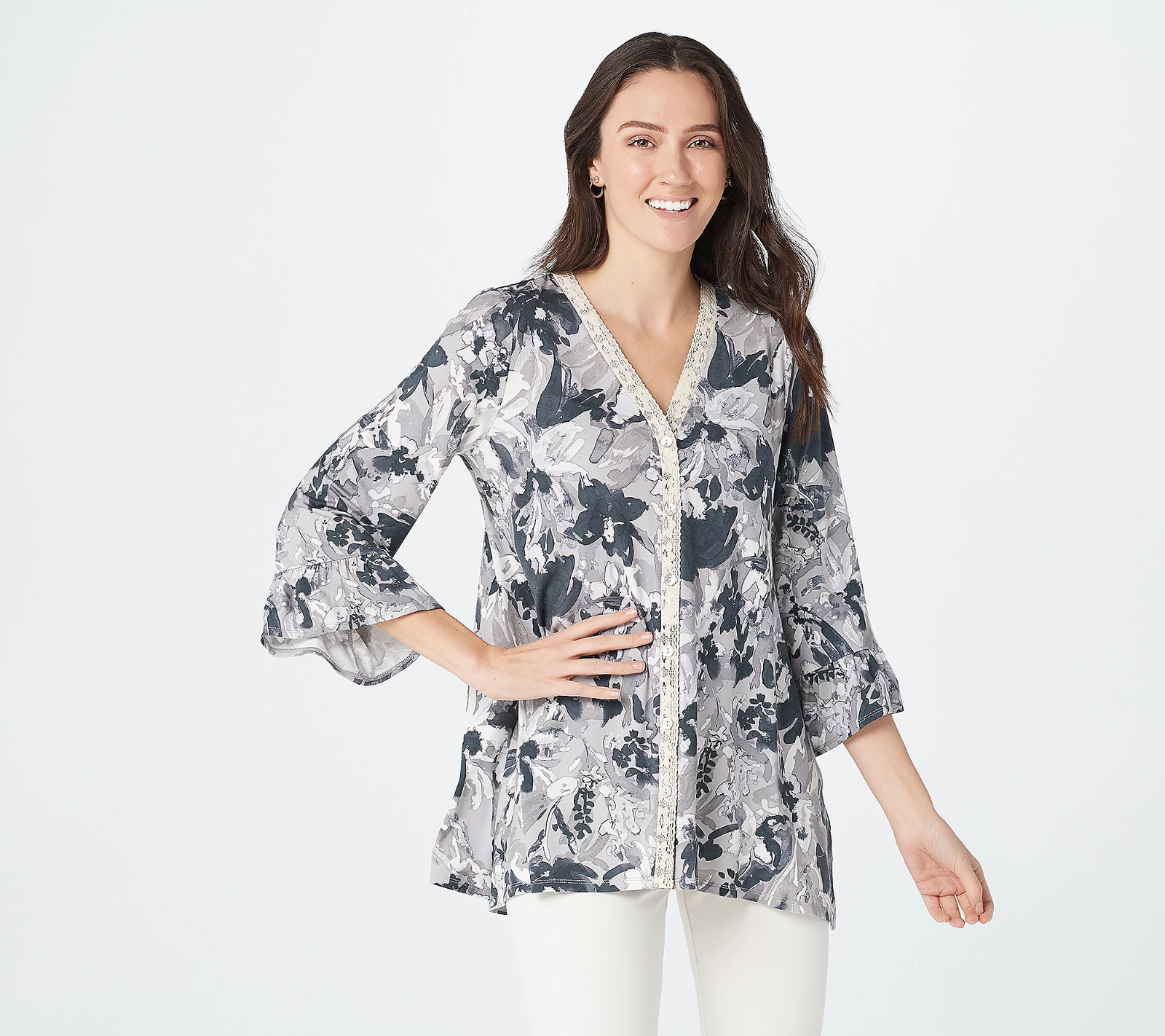 Lori Goldstein LOGO Print Rayon Cardigan with Lace Ruffles Multi L