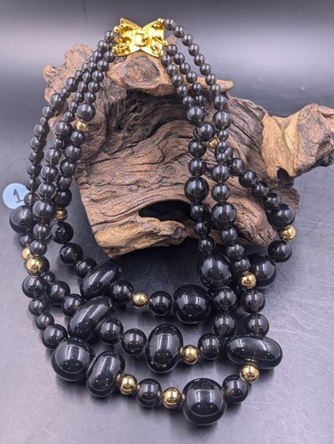 LCi LIZ CLAIBORNE Black Three Strand Beads Gold Tone Hook Clasp Necklace 17''L - Picture 4 of 7