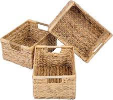 Large Wicker Basket Rectangular with Wooden Handles for Shelves, Water Hyacinth