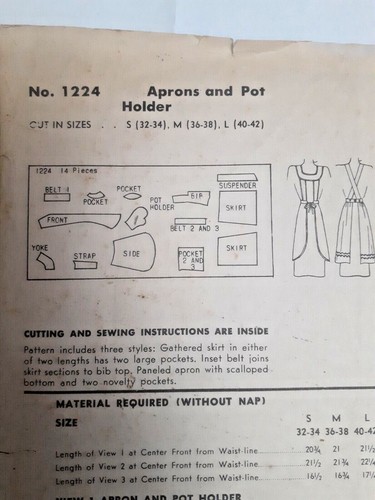 Apron Bib Half Butcher Potholder Mitt Small 1224 Hollywood Sewing Pattern VTG - Picture 4 of 5