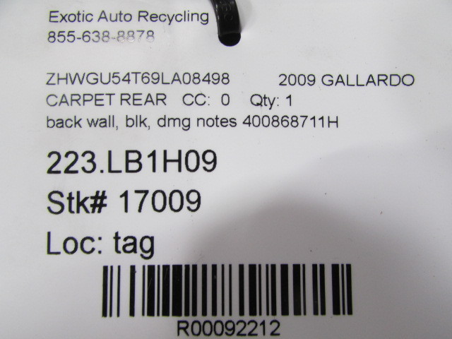 Lamborghini Gallardo LP560 Coupe Rear Carpet Top Cover Black Used P/N 400868711H