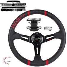 6Bolt 14in PU Leather Alloy Deep Dish Black Steering Wheel+Quick Release Adapter