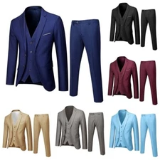 Men Male 3 PCs Slim Fit Suit Set Tuxedo Button Solid Business Jacket Vest Pants