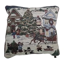 Christmas Tapestry Throw Pillow Winter Sleigh Holiday Town Shops