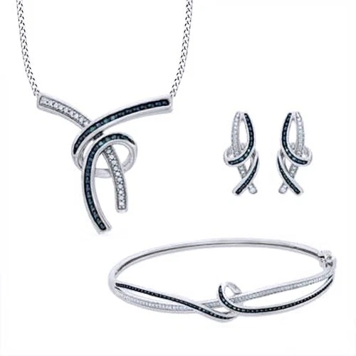 Juego de tres piezas enchapado en oro blanco de 14 quilates diamante natural azul y blanco de 1/8 quilate -IGI- Foto 2 de 4