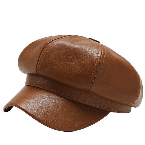 Women Faux Leather Beret French Artist Hat Solid Color  display picture 1