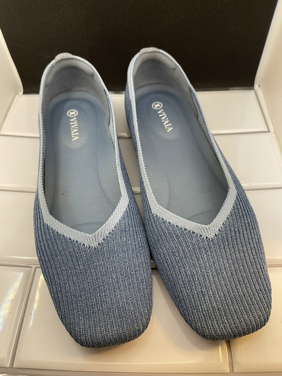VIVAIA Margot Square-Toe V-Cut Knitted Flats Shoes Denim Blue Size 40.5  9-9.5