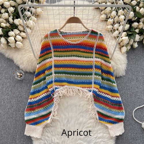 Damen Streifen Regenbogen Gestrickter Pullover Mit Quasten Hohl Casual - Imagen 2 de 13