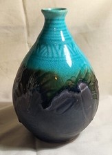 Drip Glaze Vase Matte Chocolate & Teal Turquoise Dragonflies Vintage Beautiful
