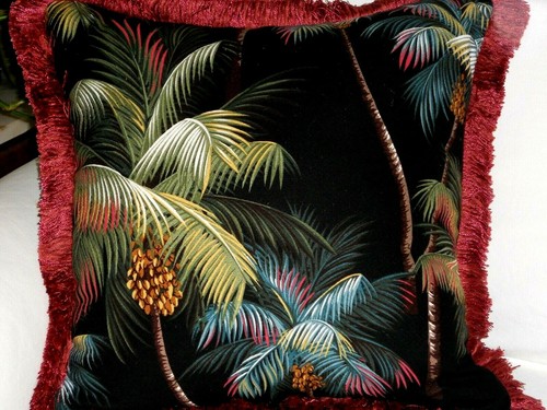 Barkcloth Cotton Fabric PILLOW SLIPCOVER /ZIPPER /Vintage Fringe ~Palm Trees-Blk - Picture 4 of 4